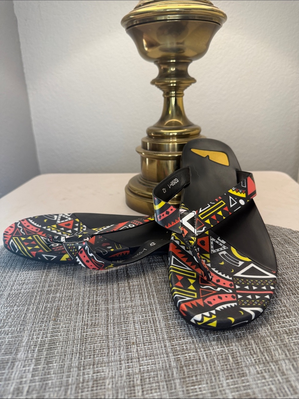 Fendi Black Tribal-Print Thong Sandals with Red, Yellow & White Accents - Picture 1 of 6